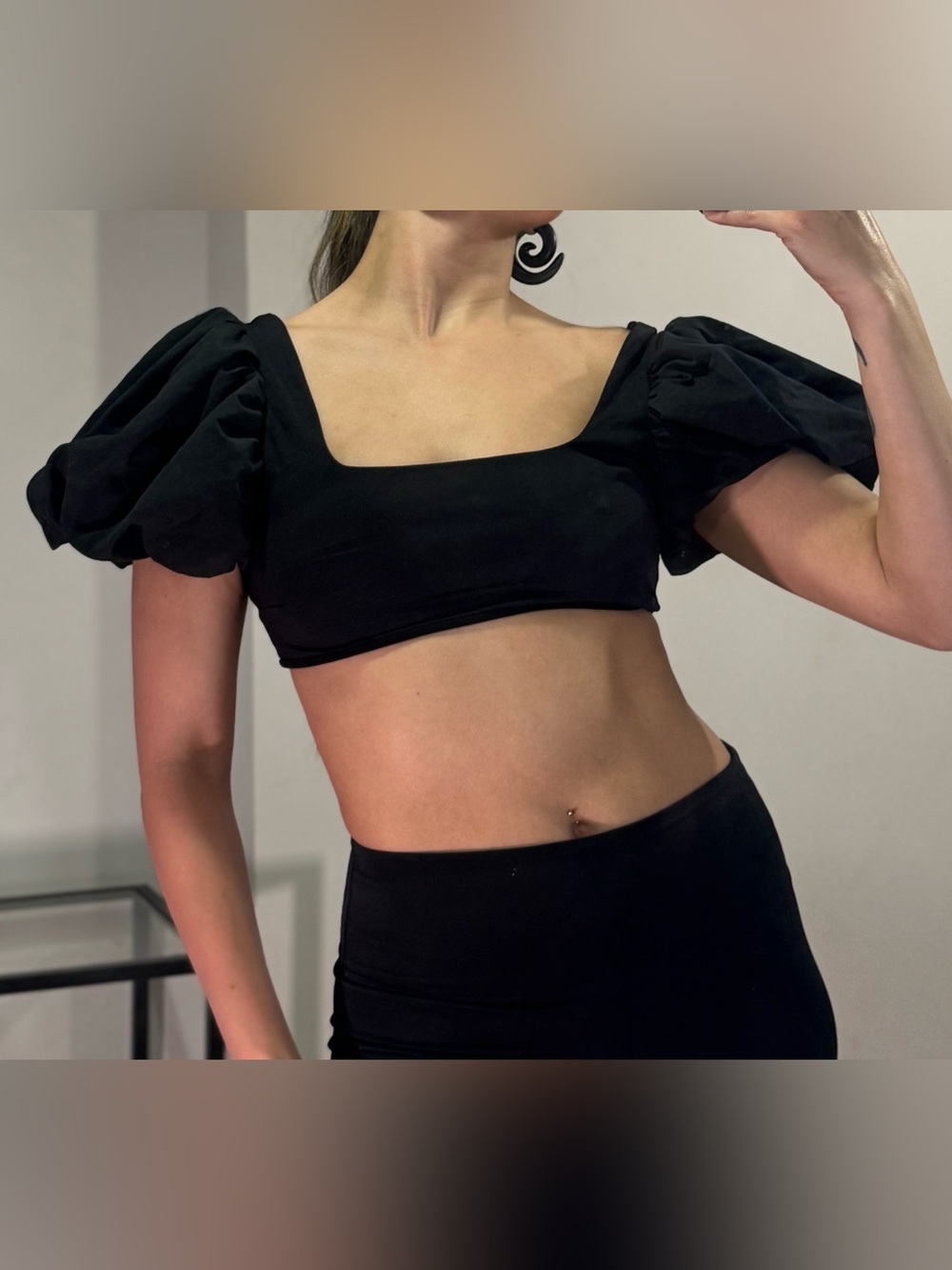 Zara Black Puff-Sleeve Square-Neck Crop Top